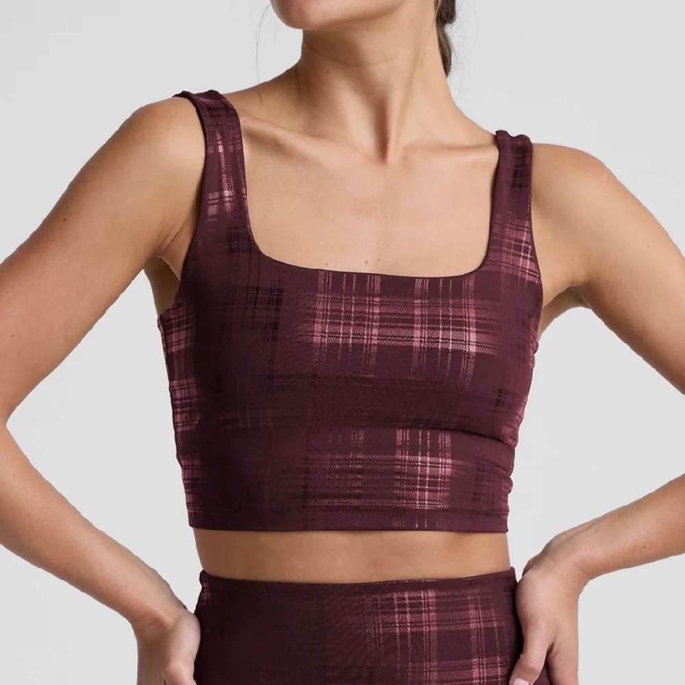 Beyond Yoga- Beyond The Studio High Cropped Tank- Plaid Foil Burgundy
